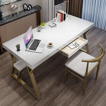 39" Rectangular White Computer Desk with Drawer and Shelf Gold Leg